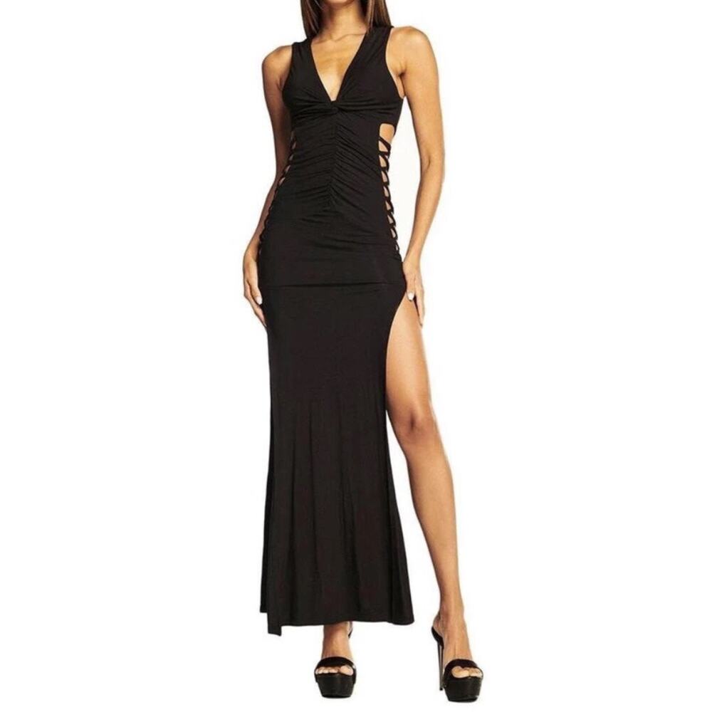 I.AM.GIA Maiya Black Stretch Lace-Up Side Slit Maxi Dress LBD XS Party Date Club